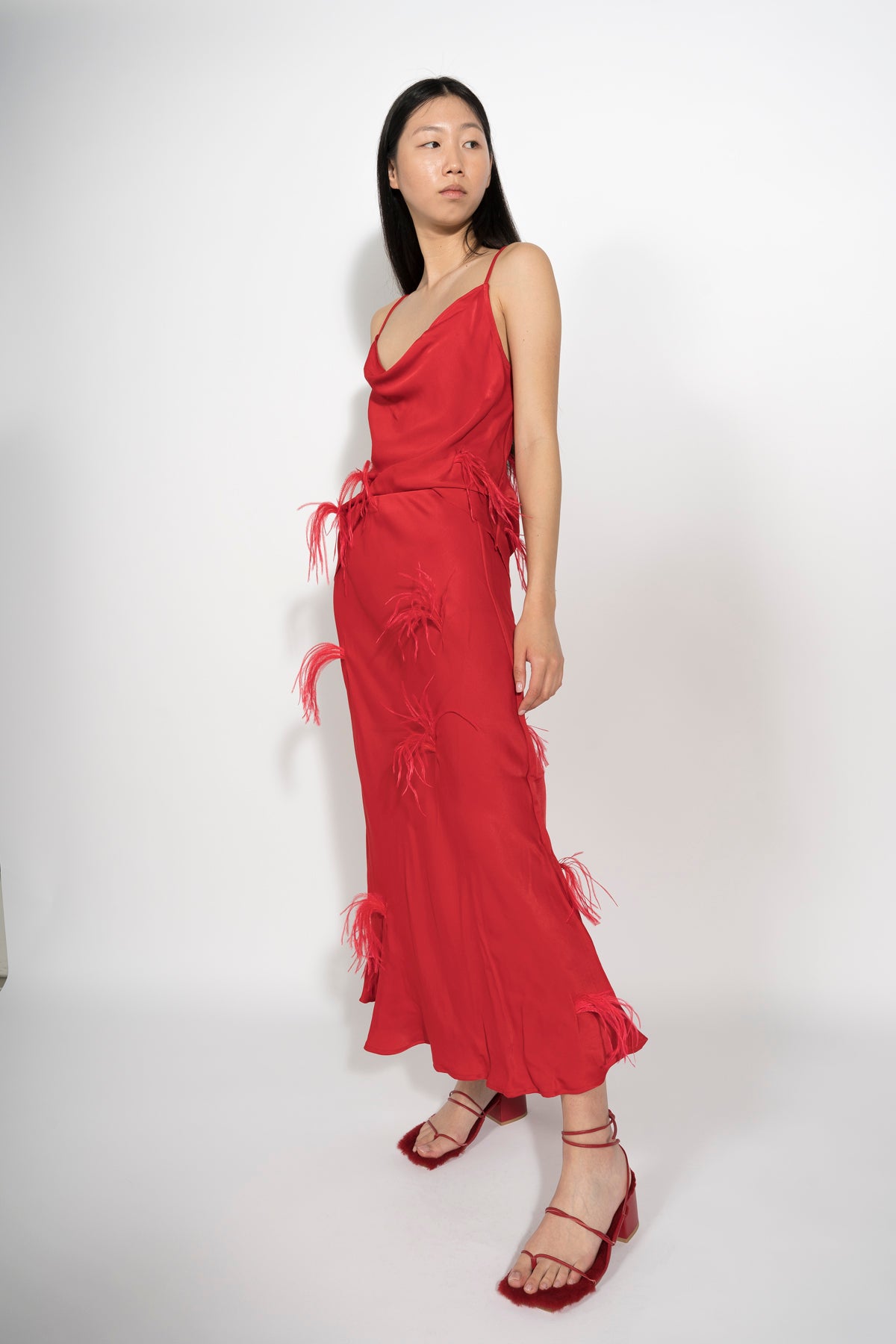 RED MIDI SKIRT WITH FEATHERS MARQUES ALMEIDA