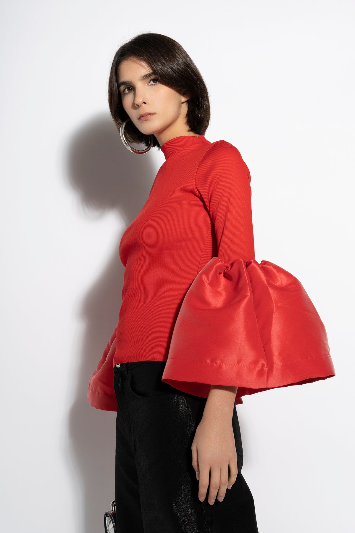 RED TURTLENECK PUFF SLEEVE TOP marques almeida