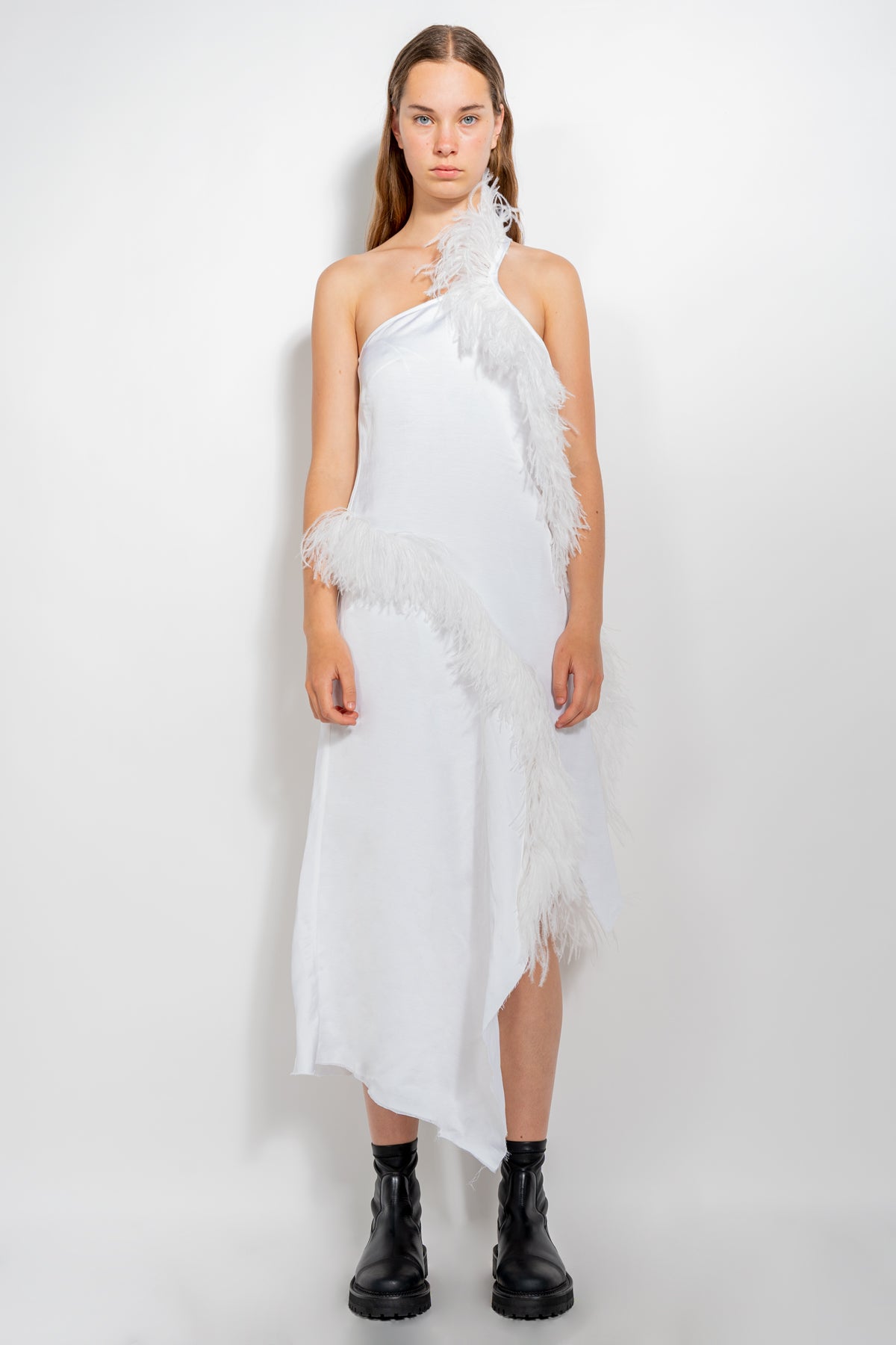 WHITE ASYMMETRIC DRESS WITH FEATHERS MARQUES ALMEIDA