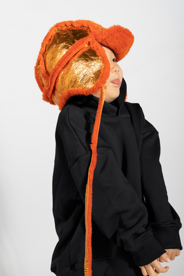 ORANGE SHINY LEATHER EAR COVER HAT MARQUES ALMEIDA